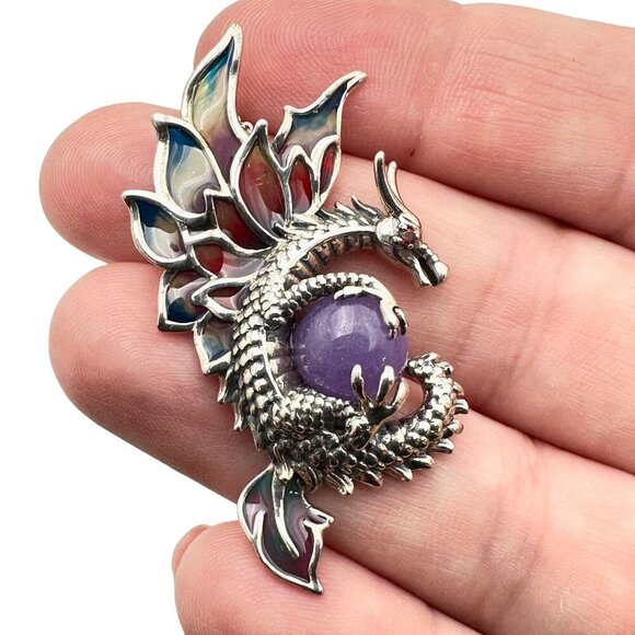 Jade of Yesteryear Womens Necklace Sterling Purple Jade Dragon Plique a Jour - Picture 1 of 5